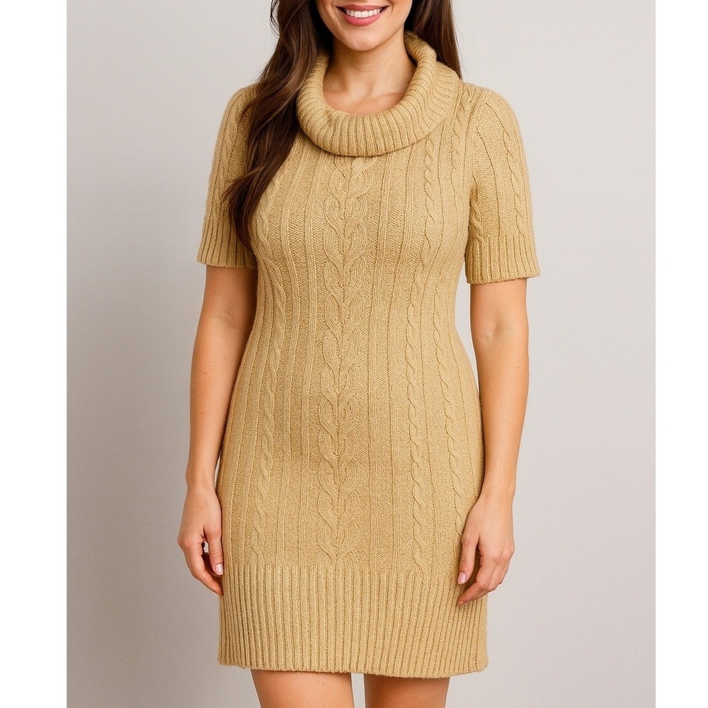 Ann Taylor LOFT Fisherman Cableknit Turtleneck Tan Sweater Dress Women's MEDIUM